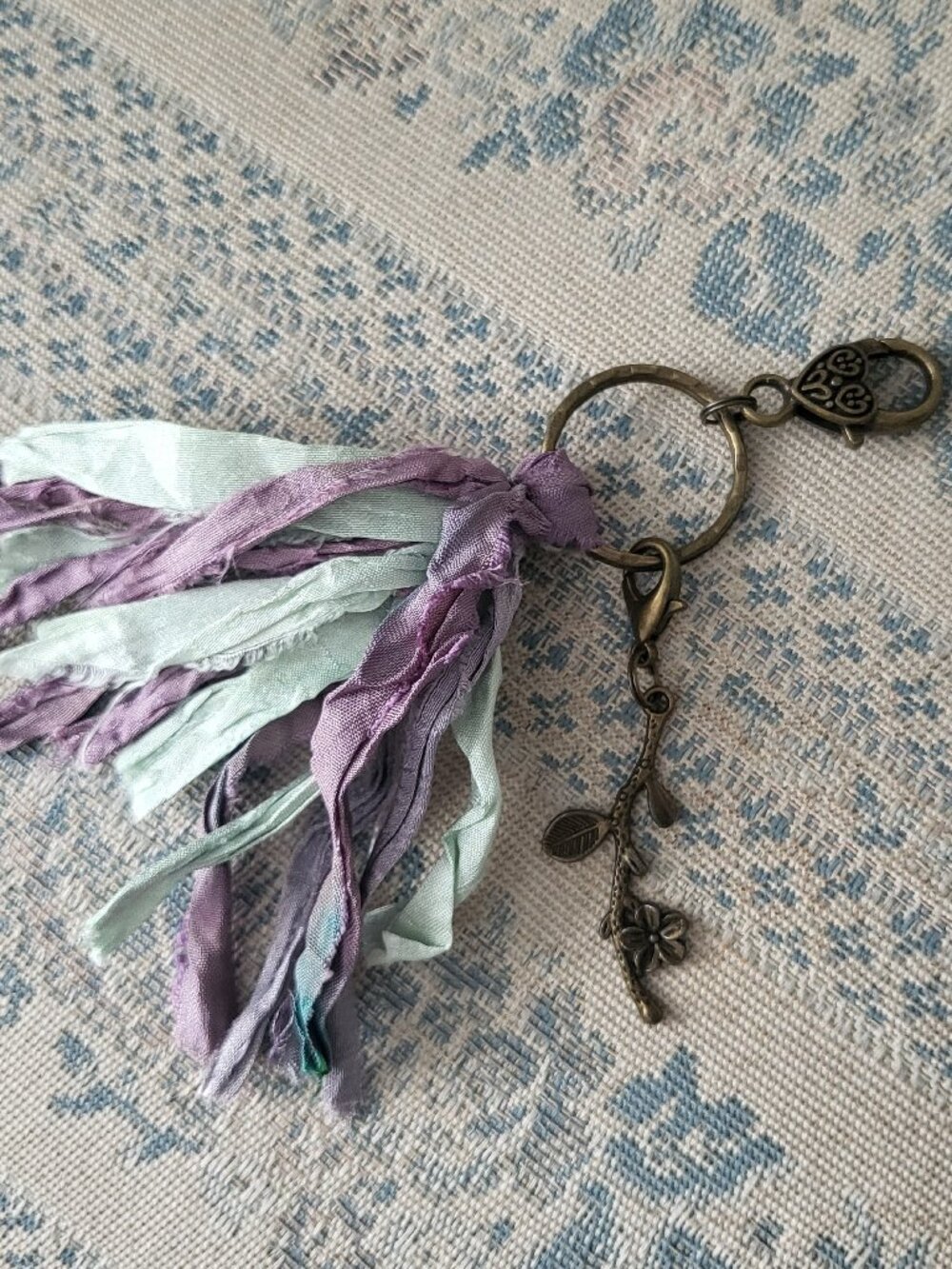 2-in-1 Handmade Recycled Sari Silk Tassel Keychain Bronze Flower Bag Charm